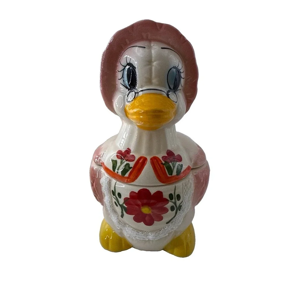 Vintage Duck Canister Cookie Jar Country Cottage Ceramic Mom Dad Ducks Lace Set